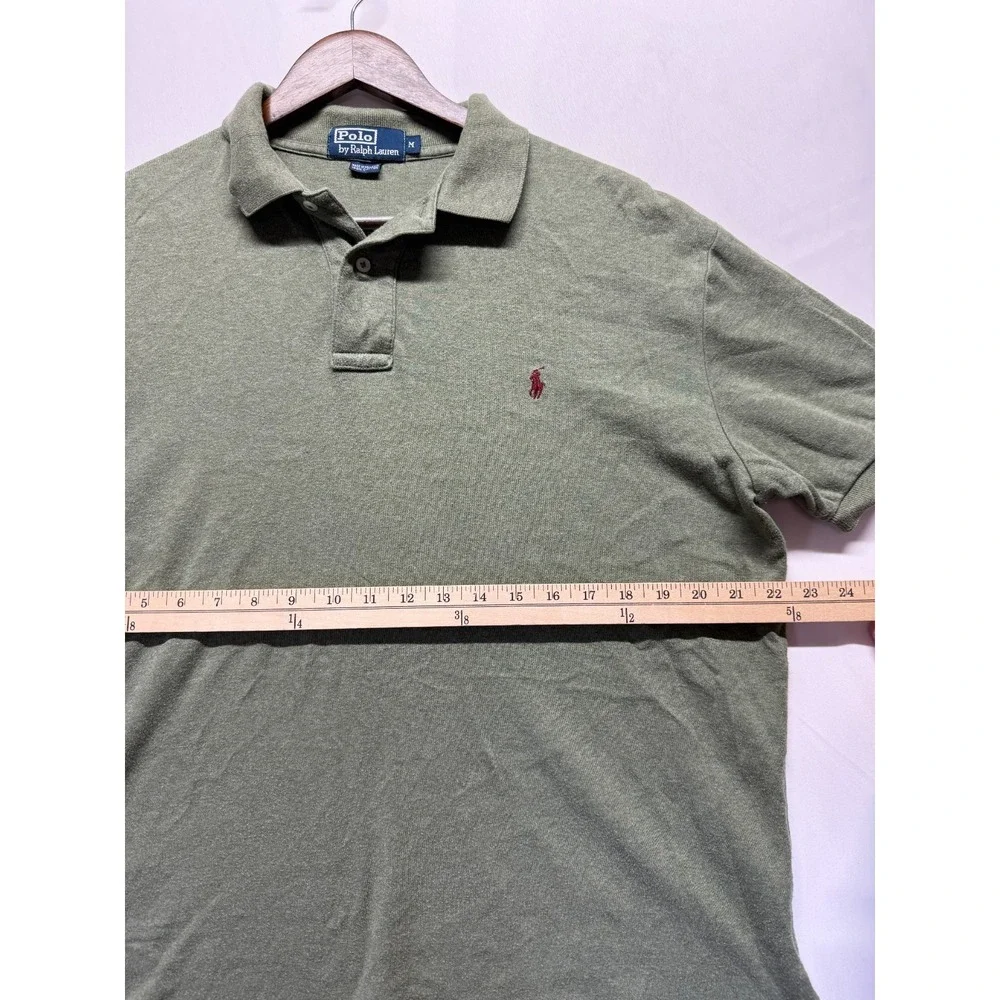 Polo Ralph Lauren Polo Shirt Men Medium Olive Green Cotton Hi‎ Low Hem Side Slit
